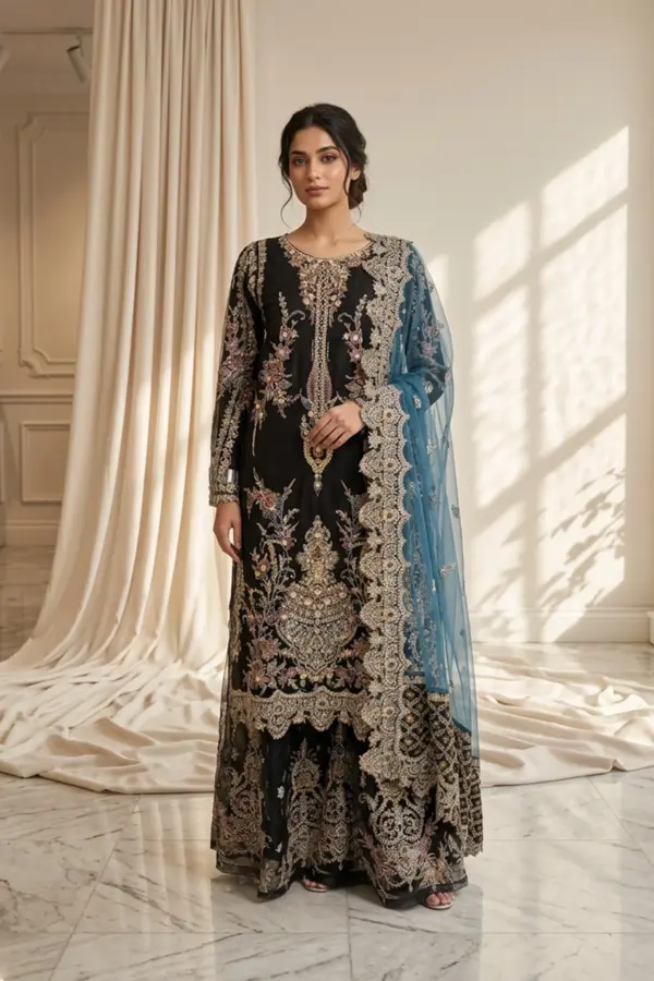 Shiffonz lux 3 piece net sharara embroidered suit - Black, X - Large