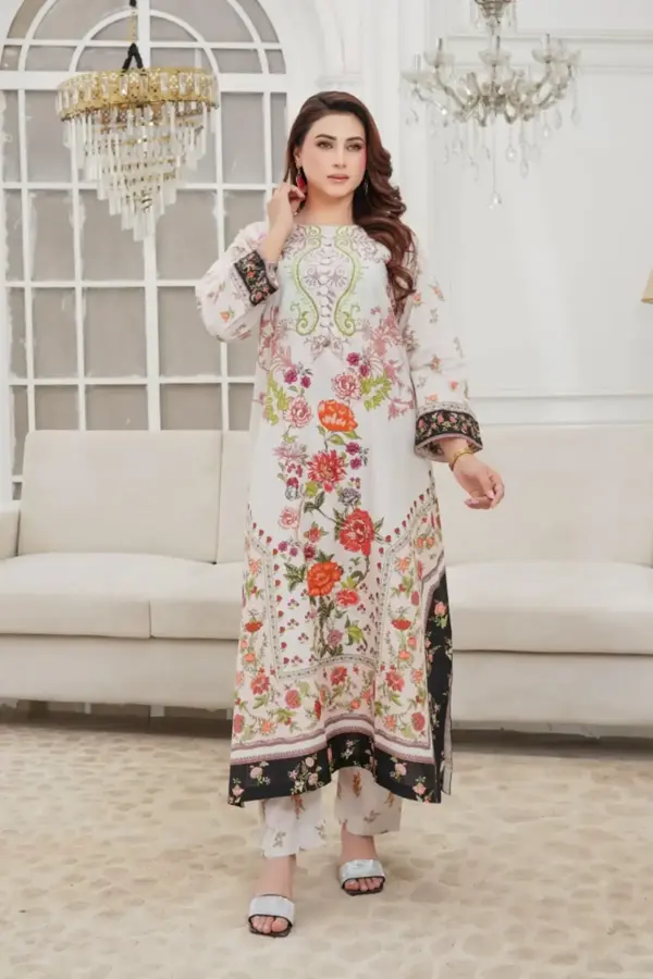 LM coord 2 piece lawn printed set - Cream, X - Large