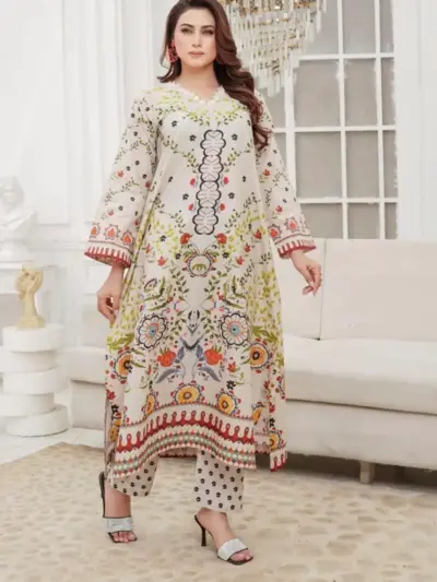 LM coord printed lawn 2 piece set - Cream, X - Large