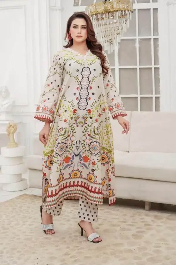 LM coord printed lawn 2 piece set - Cream, X - Large