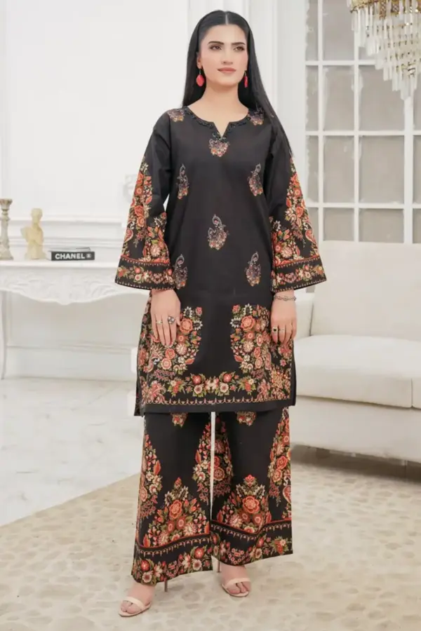 LM coord 2 piece printed lawn set - Black, X - Large