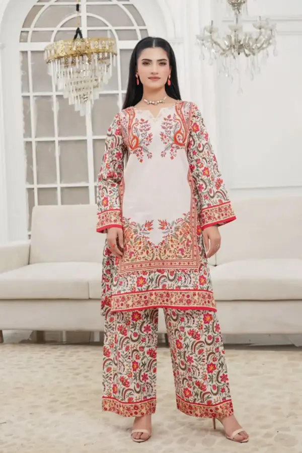 LM coord lawn printed 2 piece set - Cream, X - Large