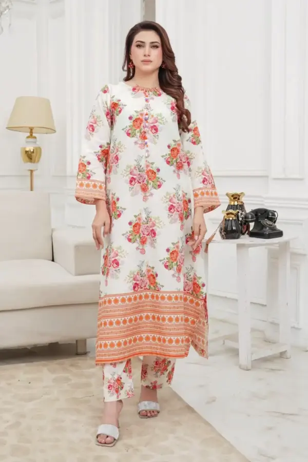 LM coord lawn printed 2 piece kaftan set - Cream, X - Large