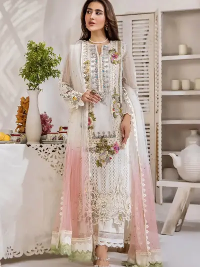Khudabaksh luxe embroidered 3 piece suit - OWHITE, X - Large