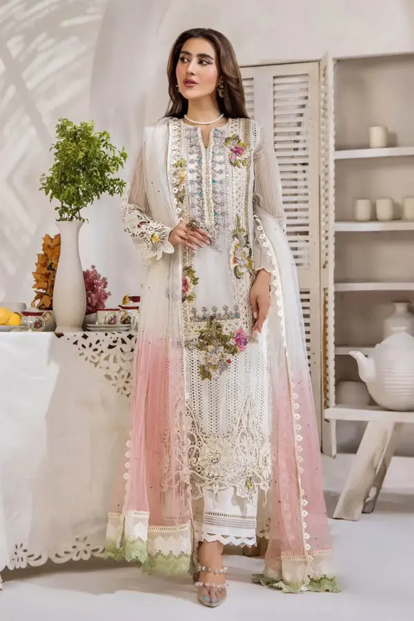 Khudabaksh luxe embroidered 3 piece suit - OWHITE, X - Large