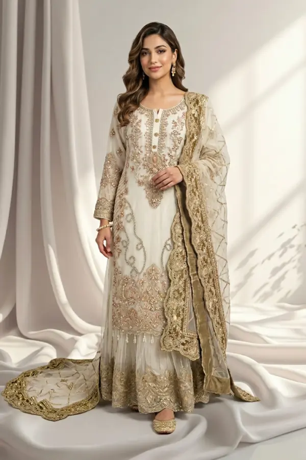 Imrozia premium collection sharara 3 piece suit - Cream, X - Large