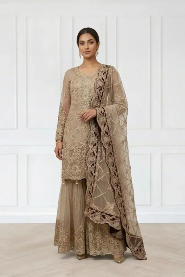 Imrozia premium collection 3 piece gharara suit - Khakhi, X - Large