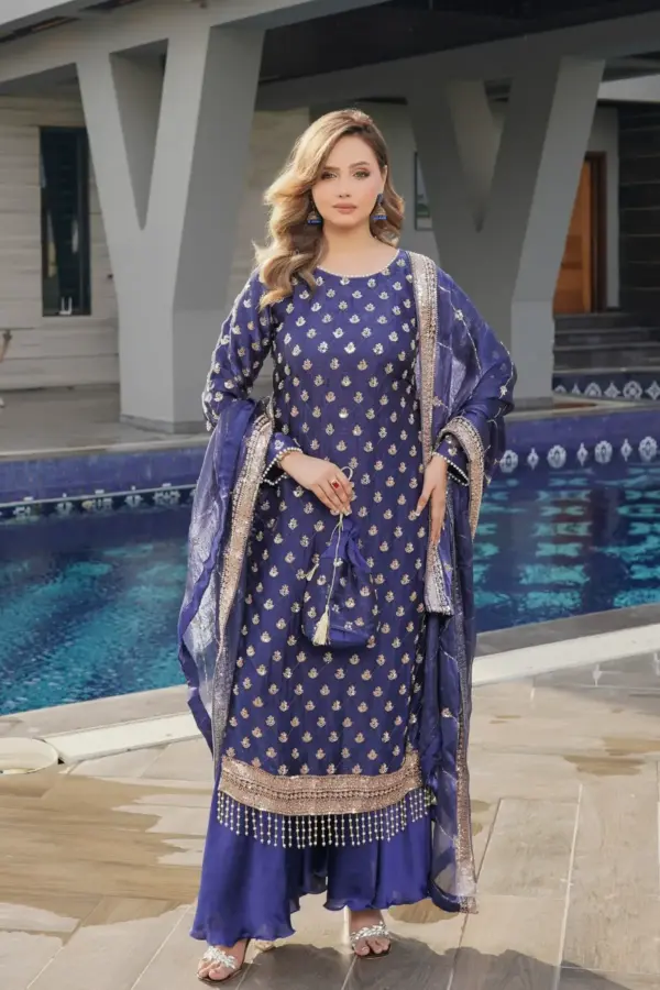 Maya premium sheesha silk plazo collection - Navy, X - Large