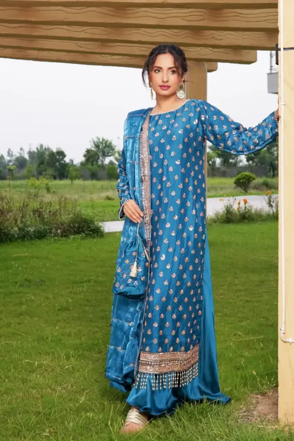 Maya premium sheesha silk plazo collection - TURQUI, X - Large