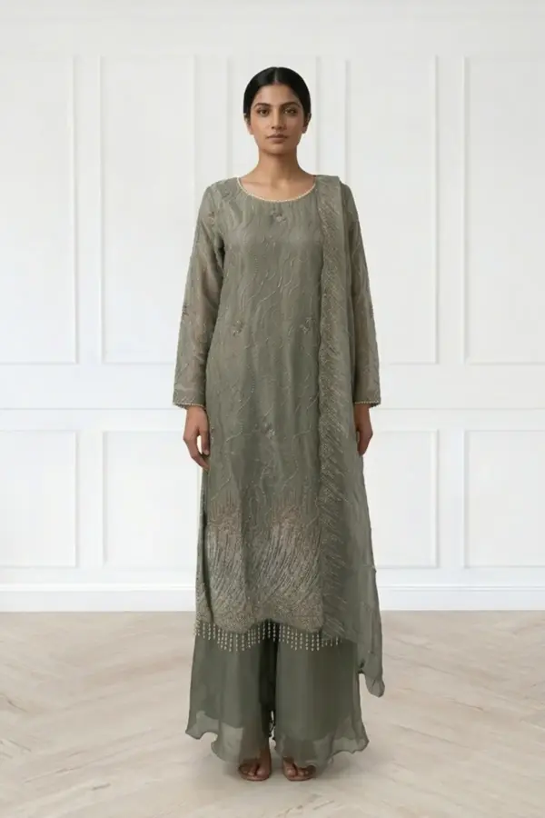 Maya luxe collection embroidered 3 piece plazo suit - Green, X - Large