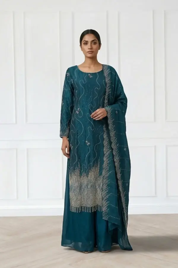 Maya luxe collection embroidered 3 piece plazo suit - TURQUI, X - Large