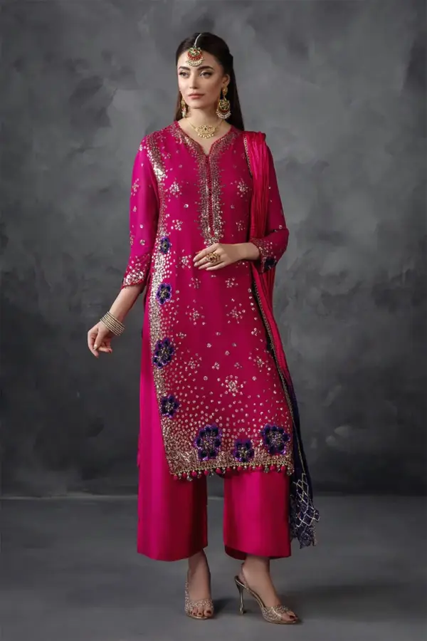 Khudabaksh premium 3 piece chiffon suit - Pink, X - Large