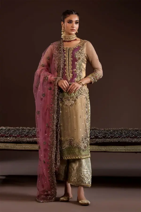 Khudabaksh embroidered 3 piece trouser suit - Brown, X - Large