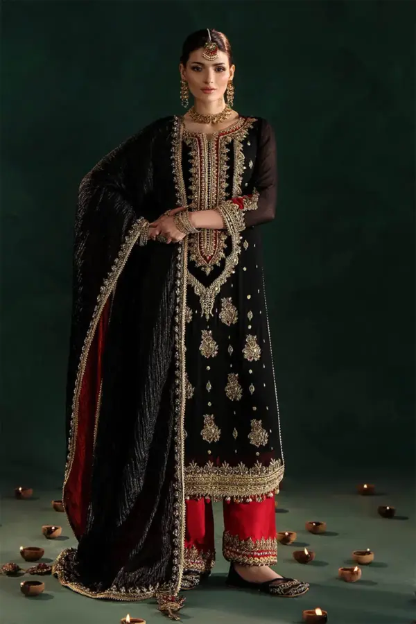 Khudabaksh luxe embroidered trouser suit - Black, X - Large