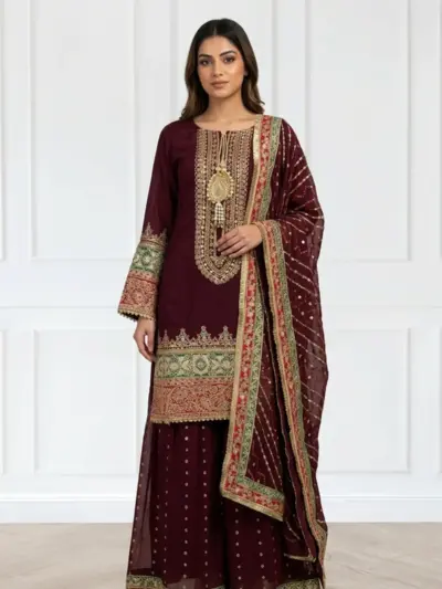 Sheesha luxe collection 3 piece sharara suit - Plum, Medium