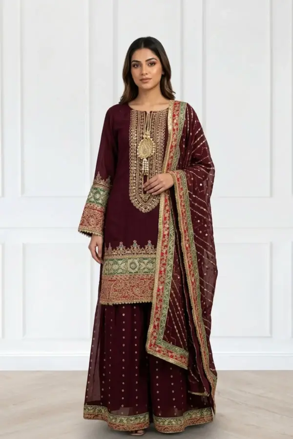 Sheesha luxe collection 3 piece sharara suit - Plum, X - Large