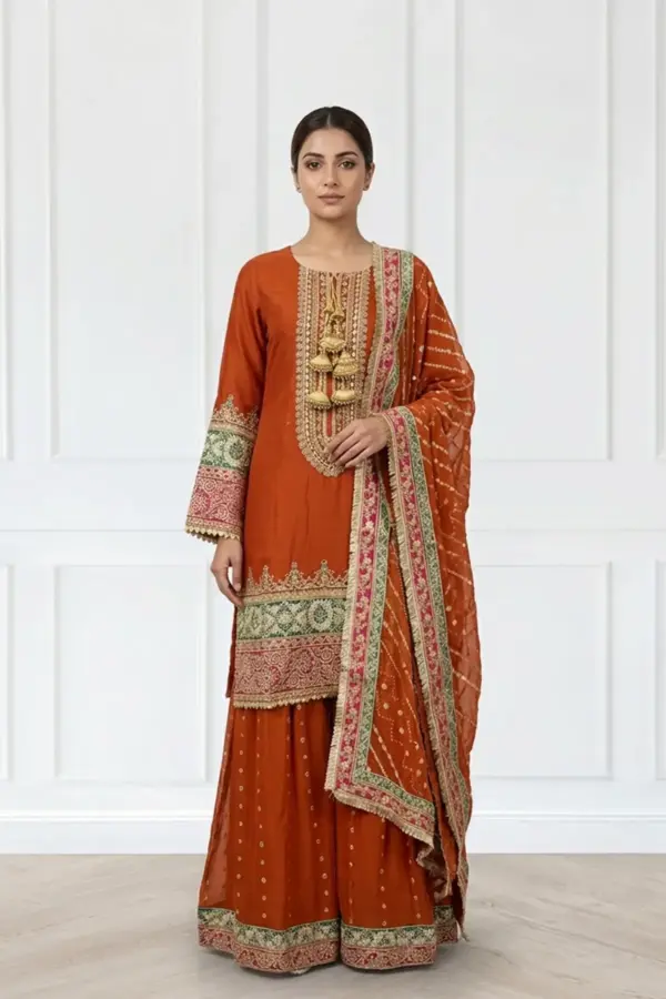 Sheesha luxe collection 3 piece sharara suit - Rust, X - Large