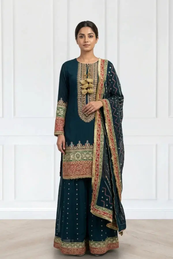 Sheesha luxe collection 3 piece sharara suit - Teal, X - Large