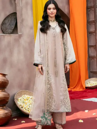 Rangoli collection embroidered sheesha silk suit - Khakhi, Small