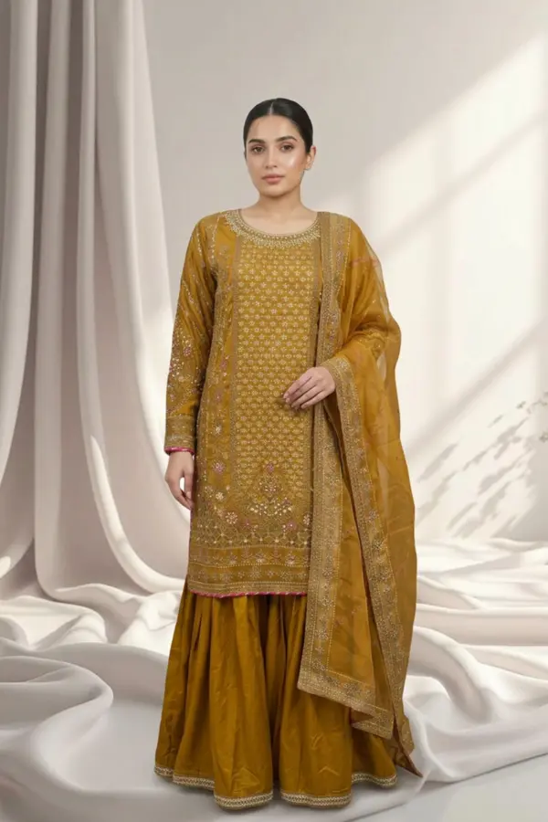 Shiffonz 3 piece luxe embroidered gharara collection - Rust, X - Large