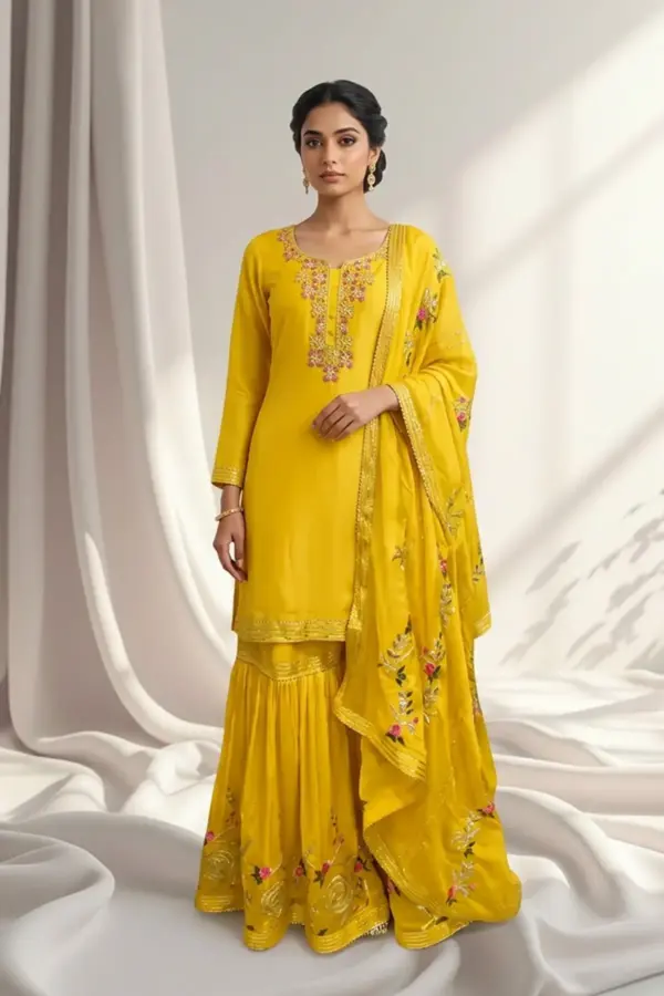 Shiffonz 3 piece luxe gharara embroidered suit - Yellow, 38