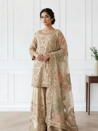 Shiffonz luxe collection 3 piece embroidered dress - Gold, X - Large