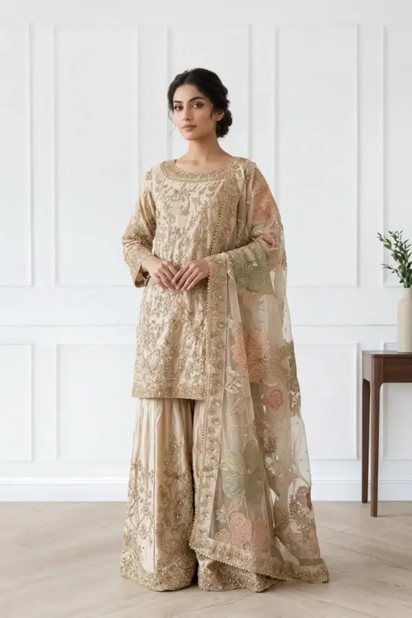 Shiffonz luxe collection 3 piece embroidered dress - Gold, X - Large