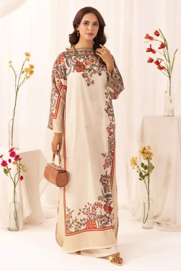 Eid printed long kaftan coord set - Cream, X - Large