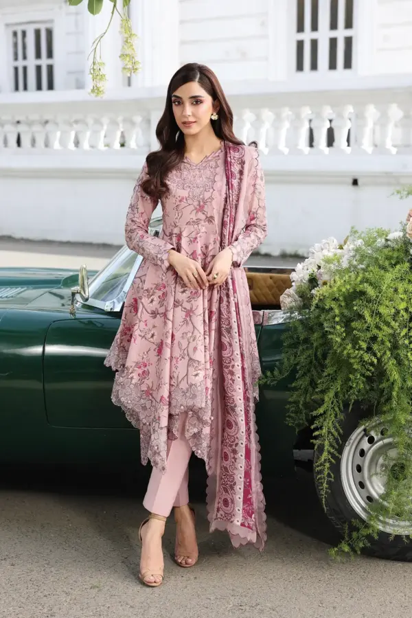 Sarah premium Eid collection 3 piece a-line peplum shirt - Pink, X - Large