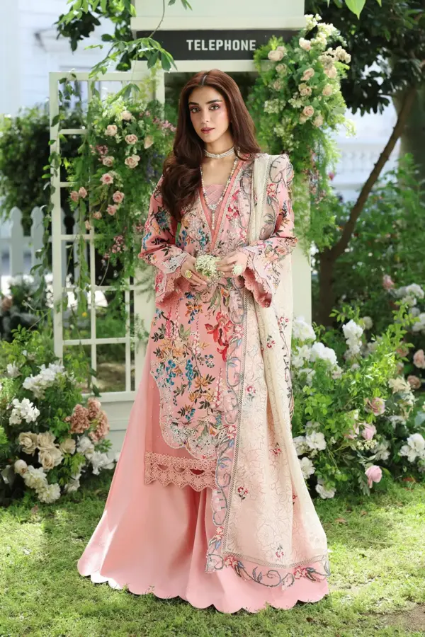 Sarah premium Eid collection 3 piece emb sharara suit - Peach, X - Large
