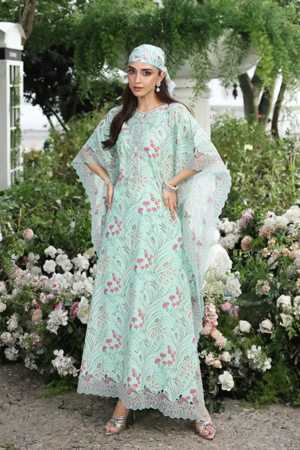 Sarah premium Eid collection 3 piece emb kaftan suit - SGREEN, X - Large