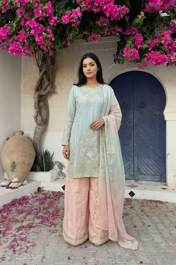 Shiffonz luxe Eid collection embroidered 3 piece suit - SGREEN, X - Large