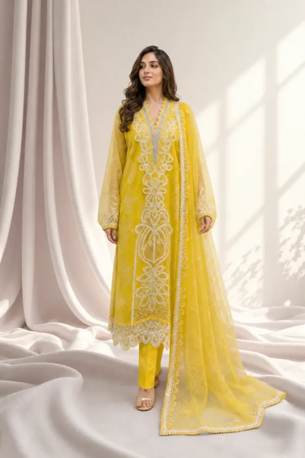 Shiffonz luxe collection 3 piece embroidered suit - Yellow, Large