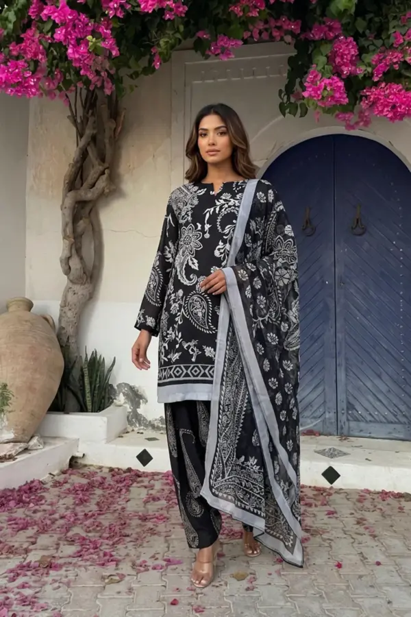 Shiffonz collection 3 piece farshi shalwar suit - Black, Medium