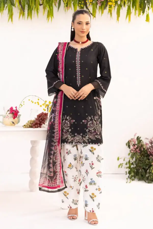 Shifa collection 3 piece embroidered lawn suit - Black, X - Large