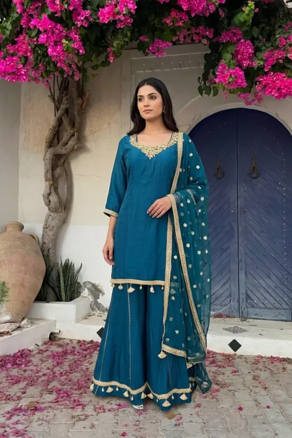 Shiffonz 3 piece handwork lux embroidered sharara suit - Navy, 36