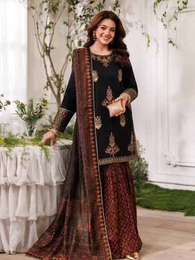 Aabroo summer lawn Eid collection gharara suit - Black, Small