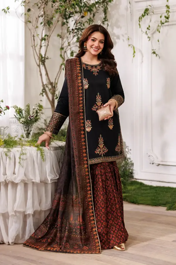 Aabroo summer lawn Eid collection gharara suit - Black, X - Large
