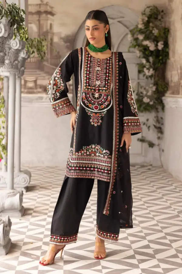 Afseen collection 3 piece embroidered shalwar suit - Black, X - Large