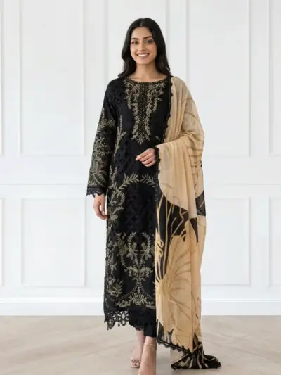 Nara collection 3 piece chikan kari embroidered suit - Black, Small