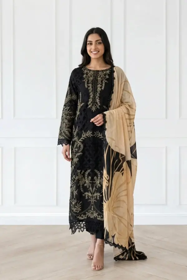 Nara collection 3 piece chikan kari embroidered suit - Black, X - Large