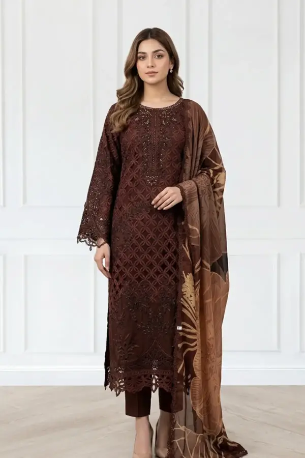 Nara collection 3 piece chikan kari embroidered suit - Brown, X - Large