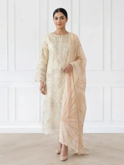 Nara collection 3 piece chikan kari embroidered suit - Cream, X - Large
