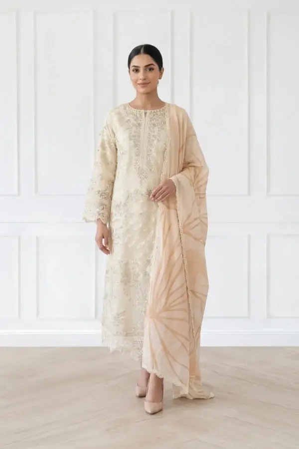 Nara collection 3 piece chikan kari embroidered suit - Cream, X - Large