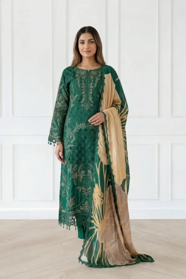 Nara collection 3 piece chikan kari embroidered suit - Green, X - Large