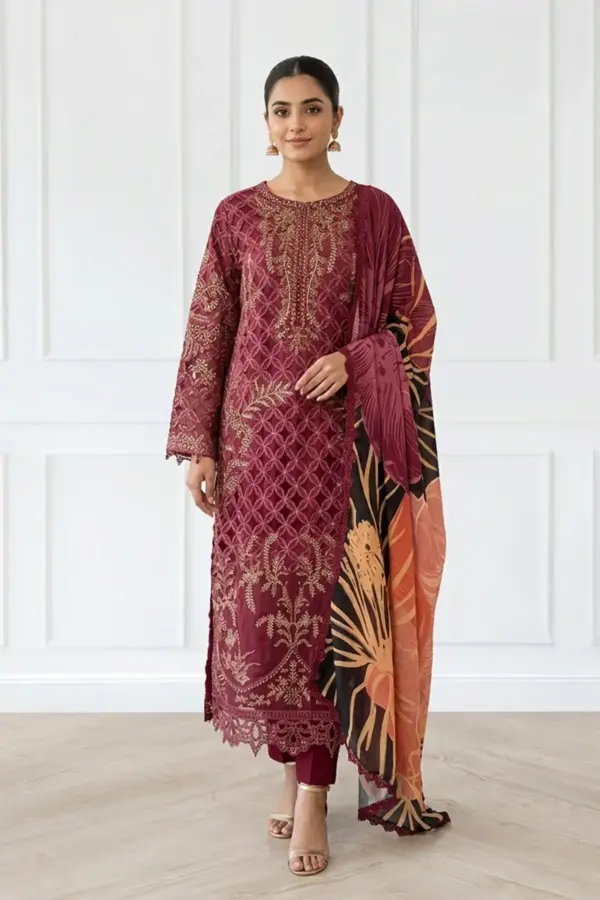 Nara collection 3 piece chikan kari embroidered suit - MAGENT, X - Large