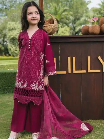 Lily mother and daughter emb 3 piece kids suit - Maroon, 36