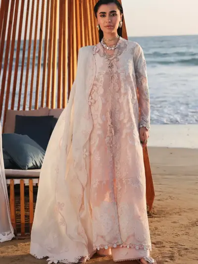 Shiffonz Sahil collection 3 piece embroidered suit - Peach, Medium