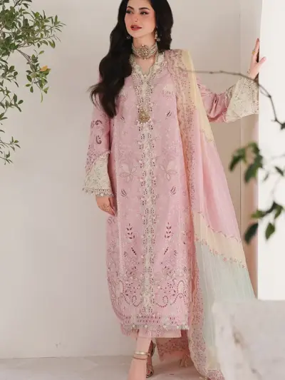 Shiffonz Qalamkaar embroidered 3 piece collection - Pink, Small