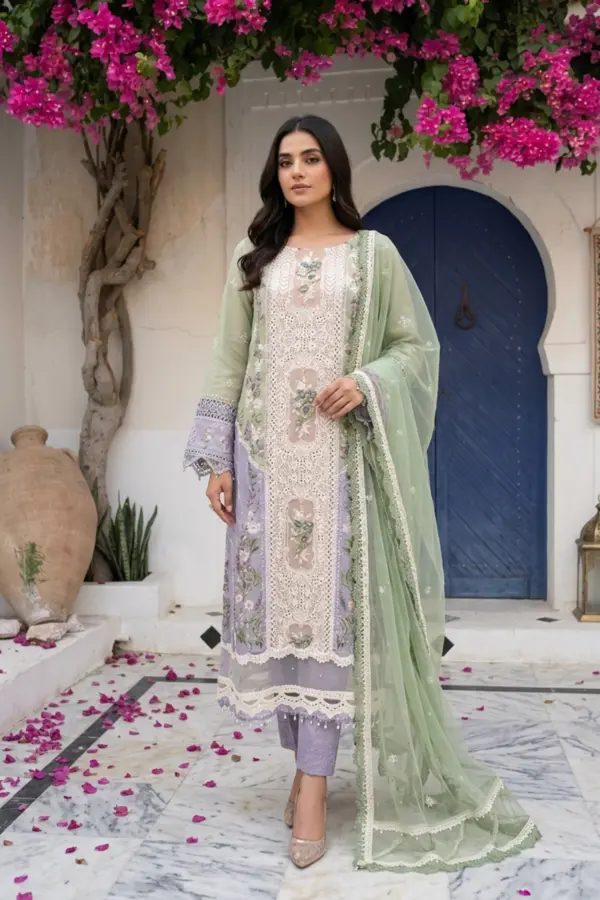 Nara collection 3 piece lawn lux emroidered suit - Grey, X - Large
